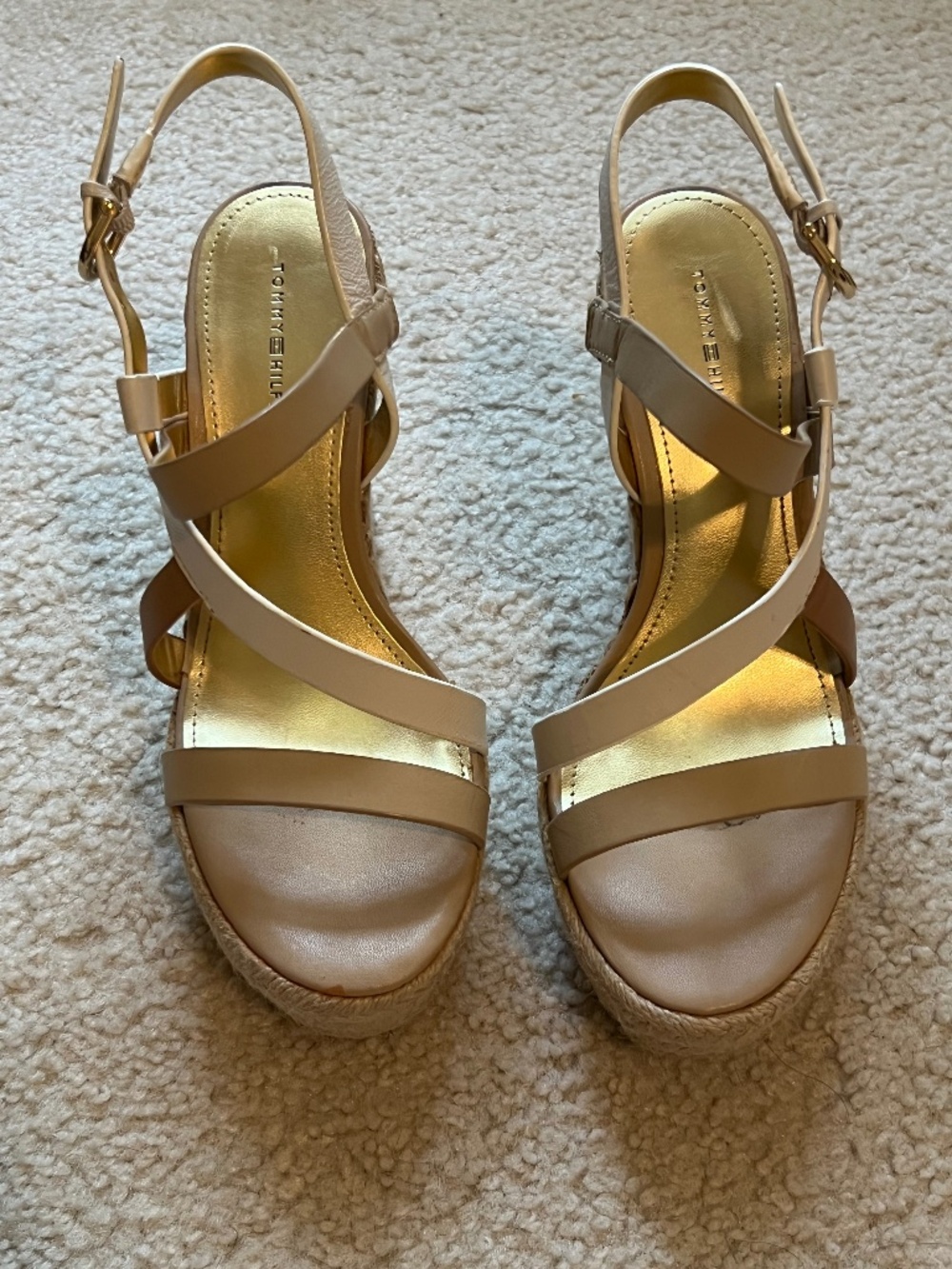 Tommy Hilfiger Leather Espadrille Wedge Sandals Gold Accents Box Sz 6.5